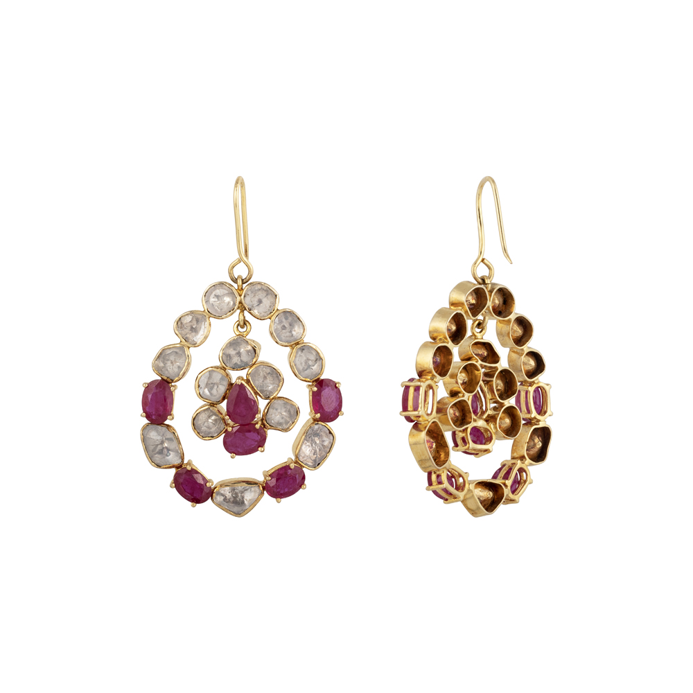 Earrings with Uncut Diamonds Polki & Ruby Teardrop